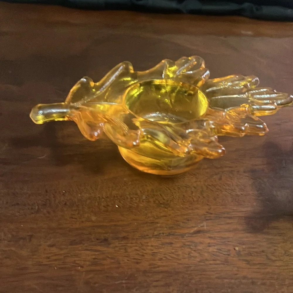 Set of 2 Vintage Orange & Green Glass Leaf Shaped Candle Holders